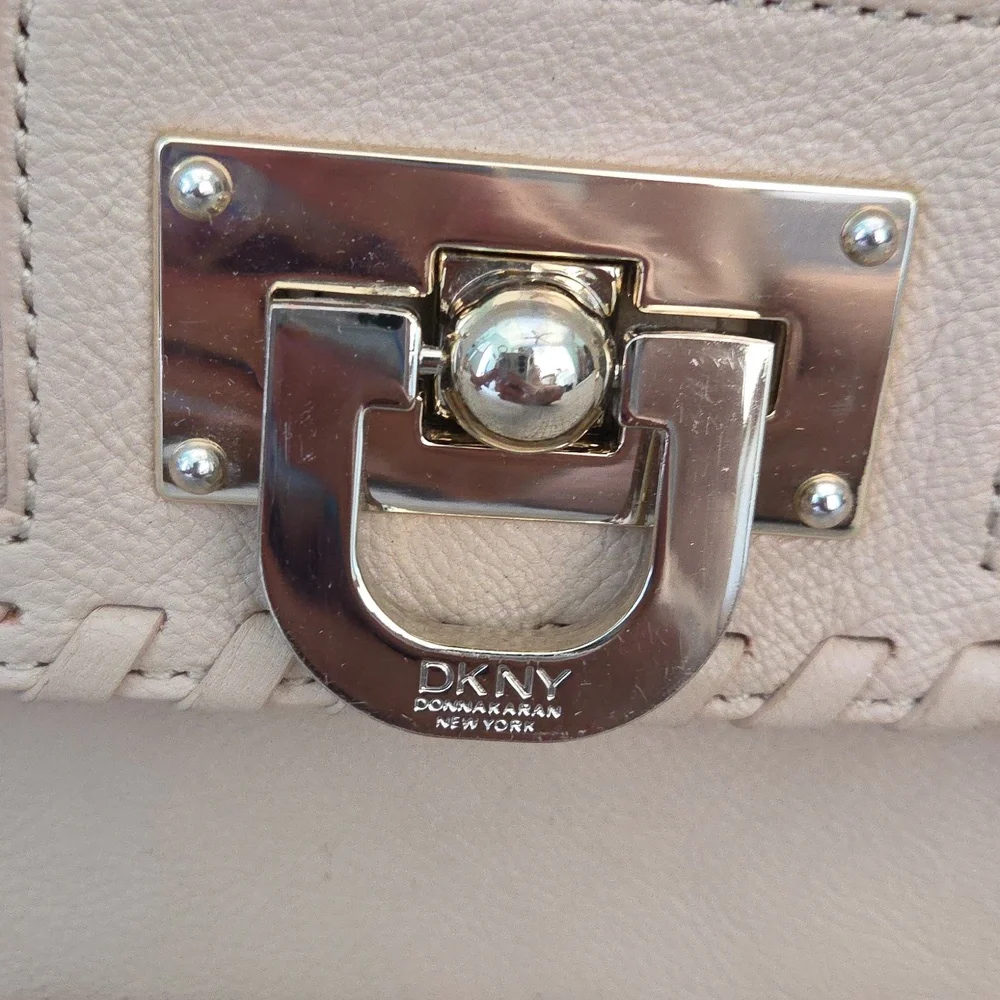 Vintage DKNY Beige Leather Whipstitch Flap Top Handle Satchel Bag